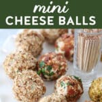 mini cheese balls with crackers served on a white cake stand.