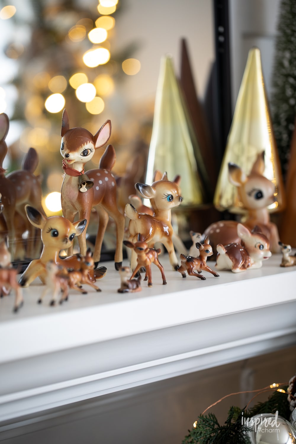 plastic deer on a mantel for Christmas.