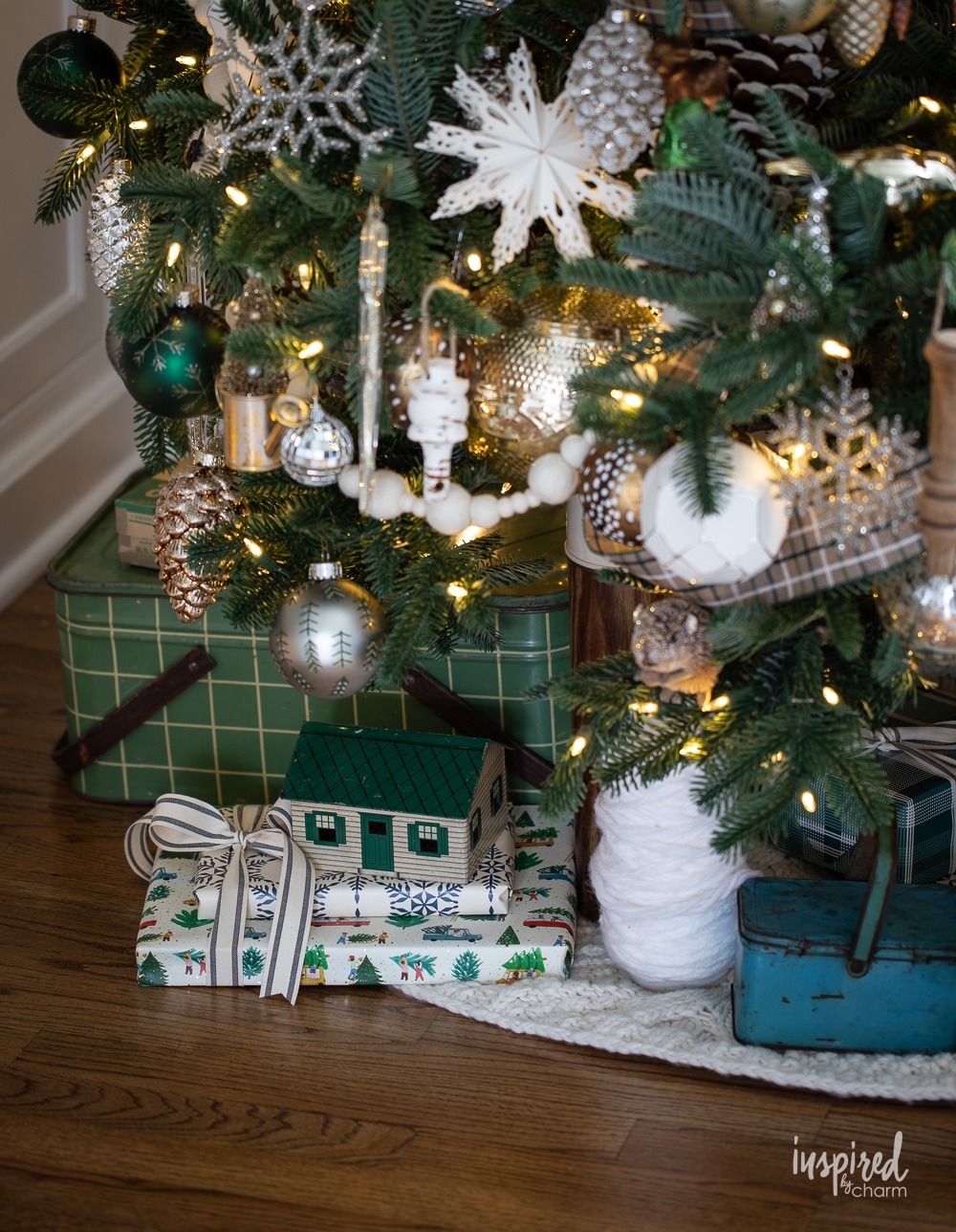 gifts under a decorated christmas tree.