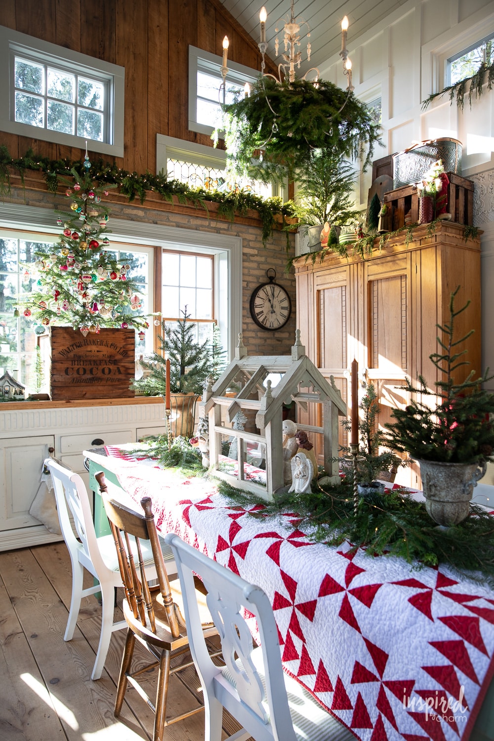 view into garden house with festive holiday decor.