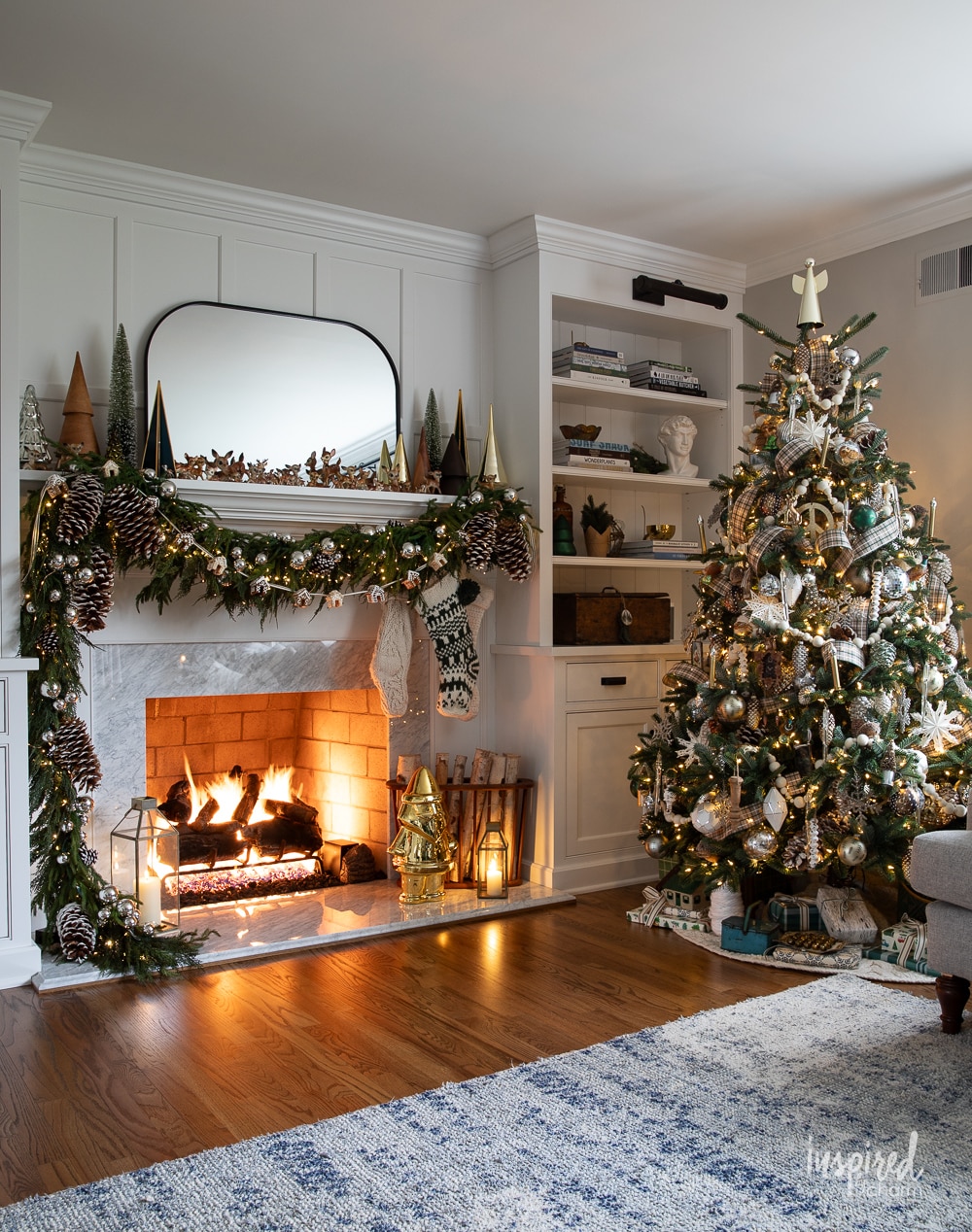 living room mantel and christmas tree decor.