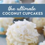 coconut cupcakes with cream cheese frosting and coconut.