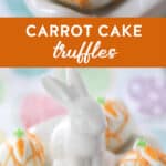 carrot cake truffles dipped in white chocolate with sugar carrot garnish and orange chocolate drizzle.