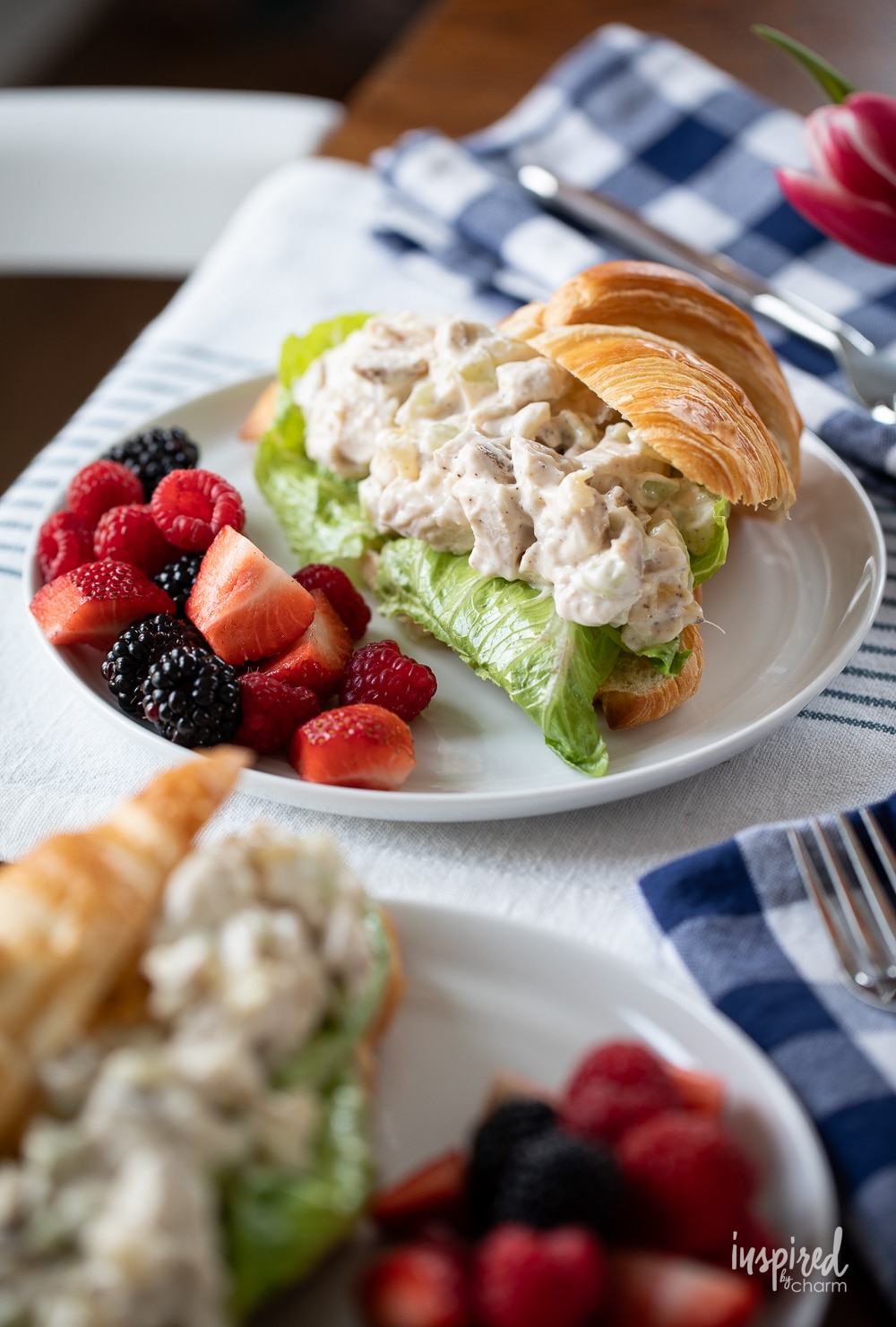 chicken salad sandwich on croissant with fruit.