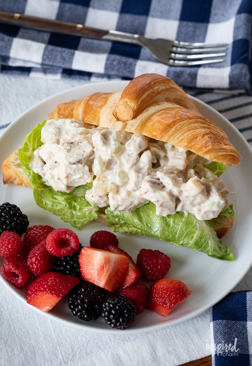 chicken salad served on a croissant with fresh berries. 