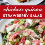 Delicious Chicken Quinoa Strawberry Salad on a white platter.