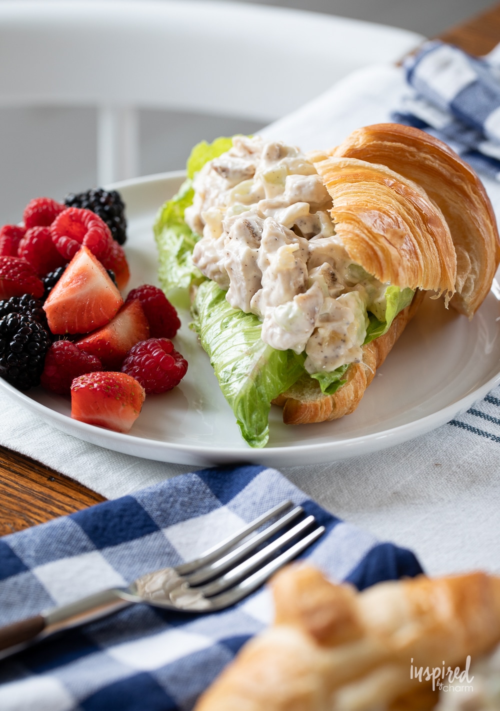 chicken salad on a croissant on plate with fruit.