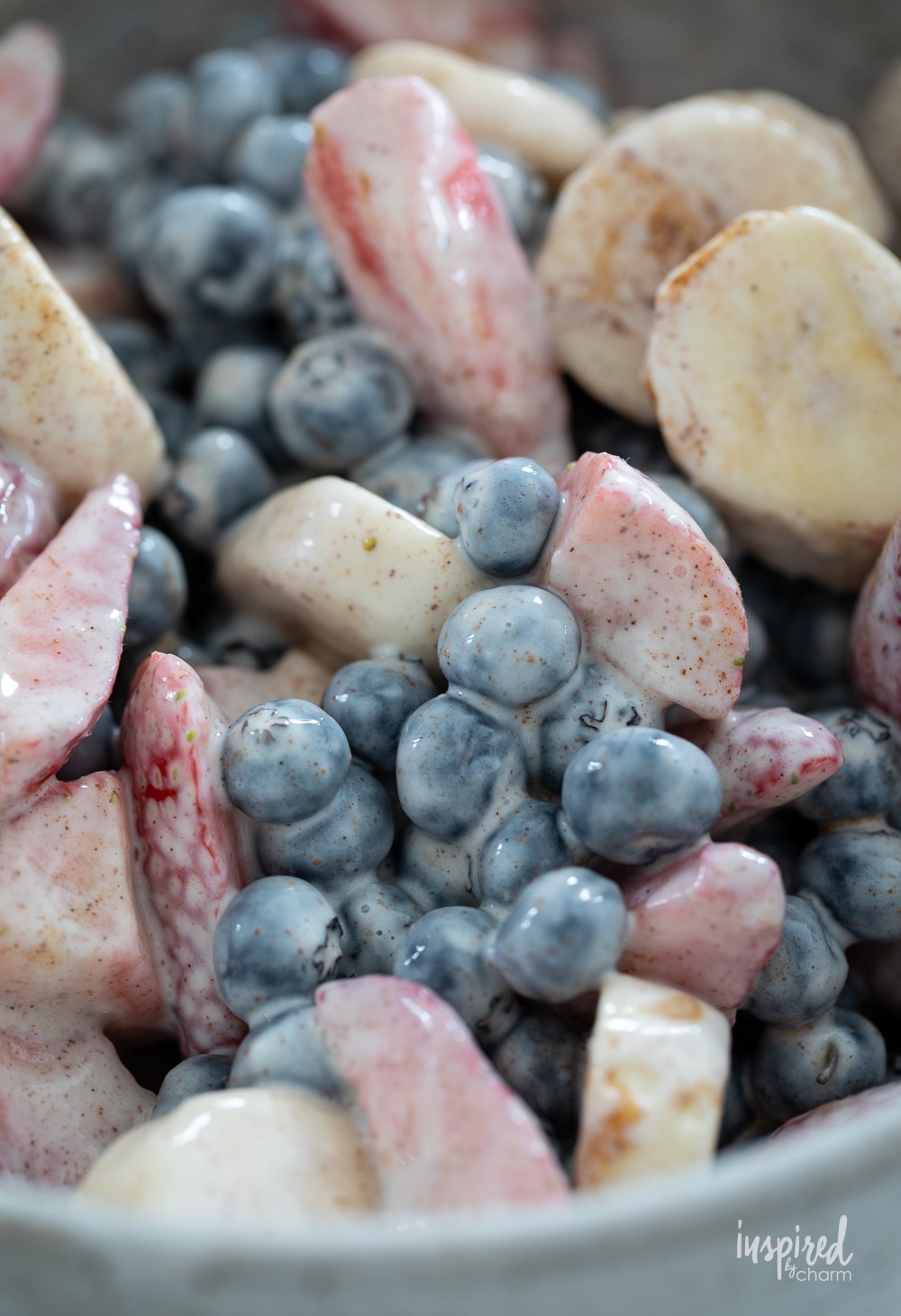 blueberries, strawberries, and bananas with yogurt.