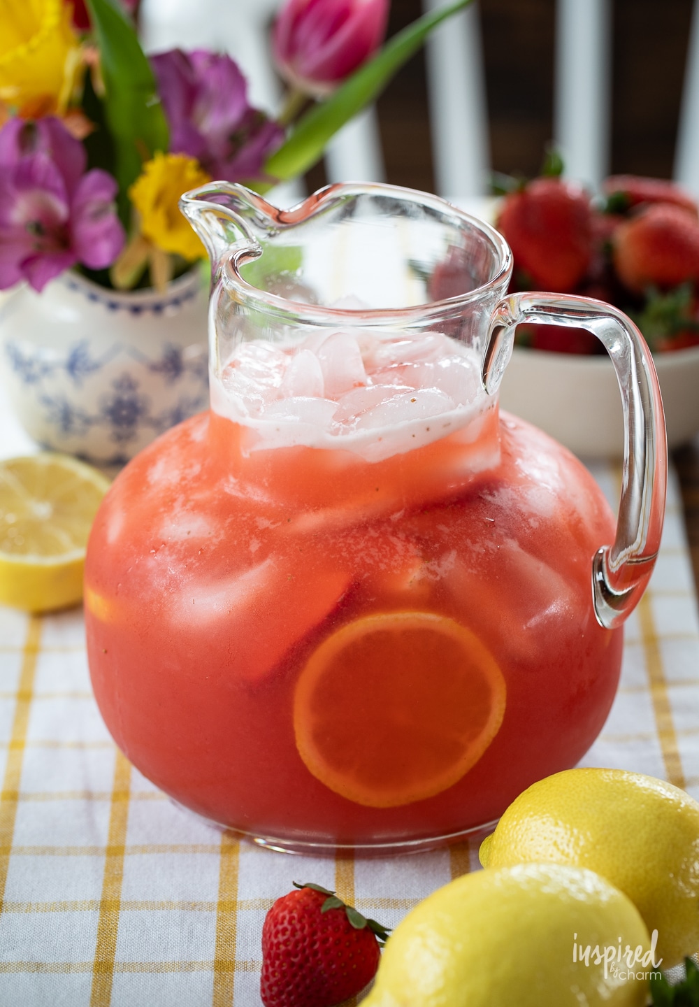 Strawberry Lemonade Vodka Cocktail in glass pitcher.