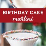 birthday cake martini with colorful sprinkles rim.