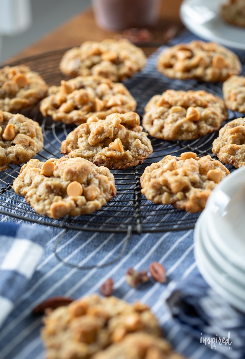 Butterscotch Chip Oatmeal Cookie on a round wire cooling rack.