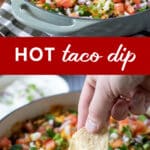 hot taco dip in a skillet with a hand taking a scoop with a tortilla chip.