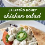 Jalapeño Honey Chicken Salad in a bowl and served in a pita.