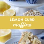 lemon curd muffin cut in half with more on a cake stand.
