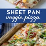 sheet pan veggie pizza in a pan and one slice served on a plate.