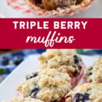 triple berry muffins on a platter with one served on a plate.