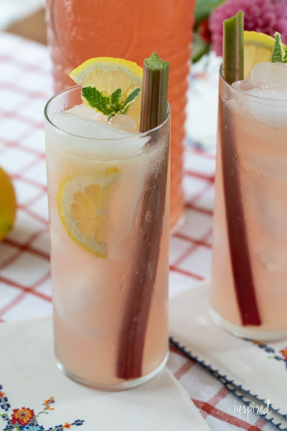 two glasses of lemonade served with homemade rhubarb ginger vodka.