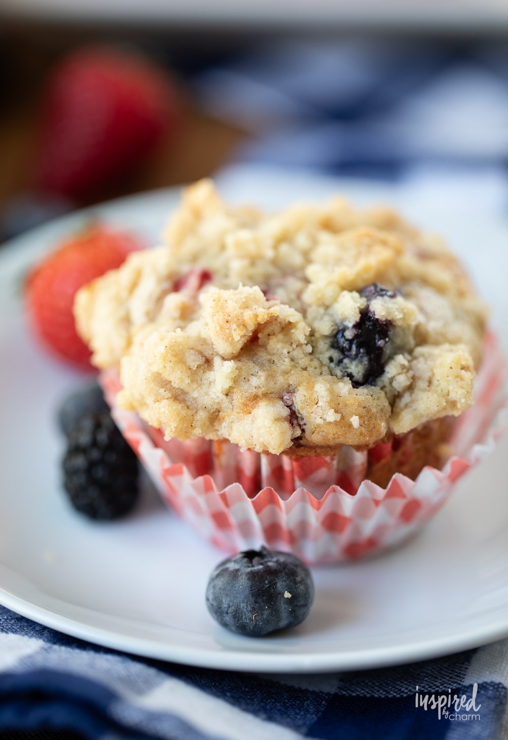 Triple Berry Muffin on a plate.