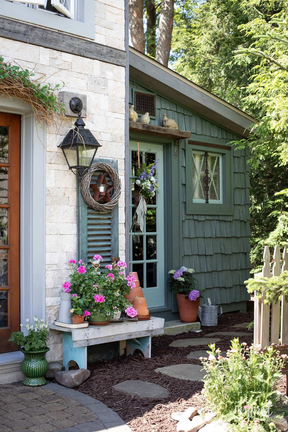 vintage decor on potting shed with plants. 