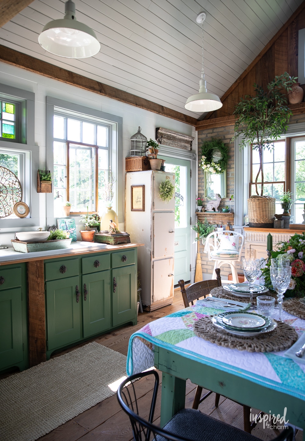 garden shed with painted cabinetry and vintage decor.