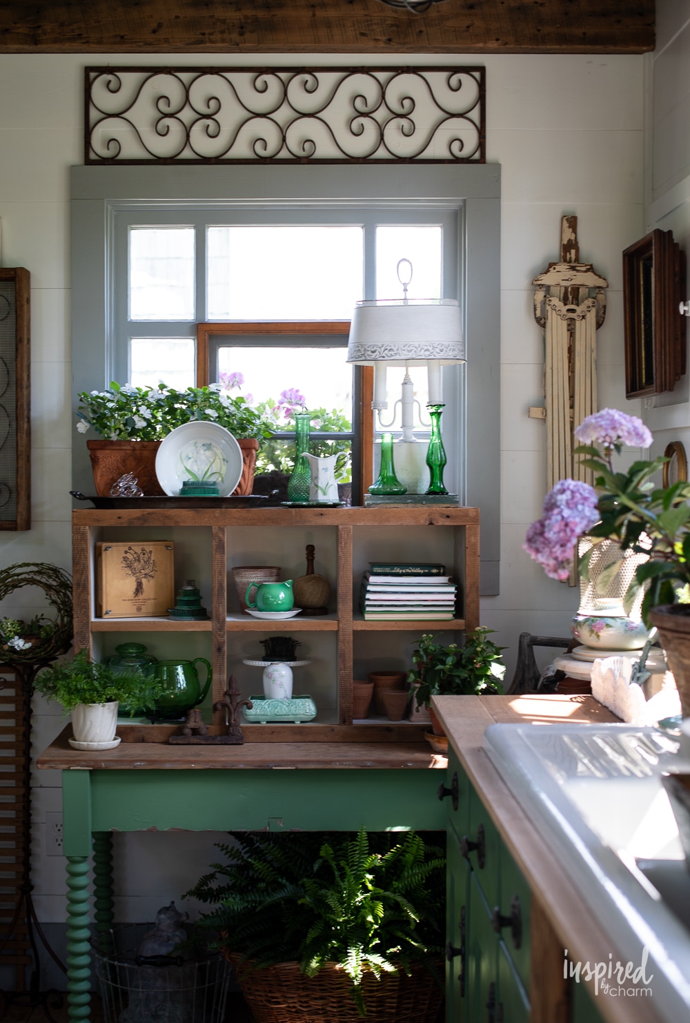 garden table decorated in potting shed.