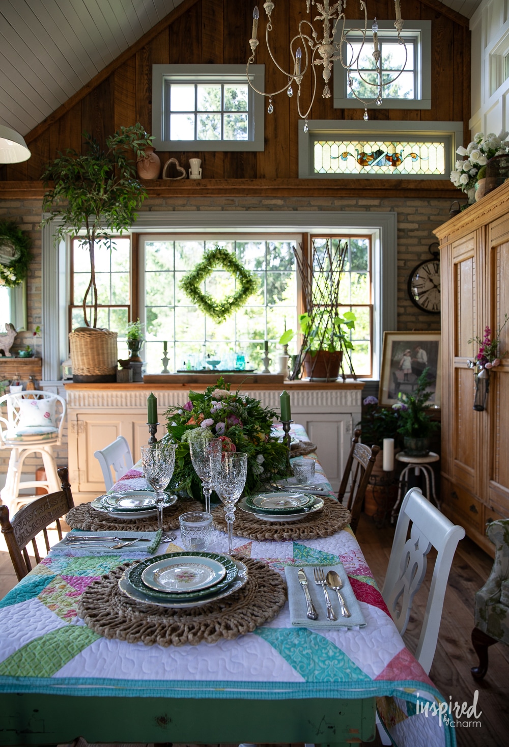 Janices gardenhouse decorated for summer with vintage and garden decor.