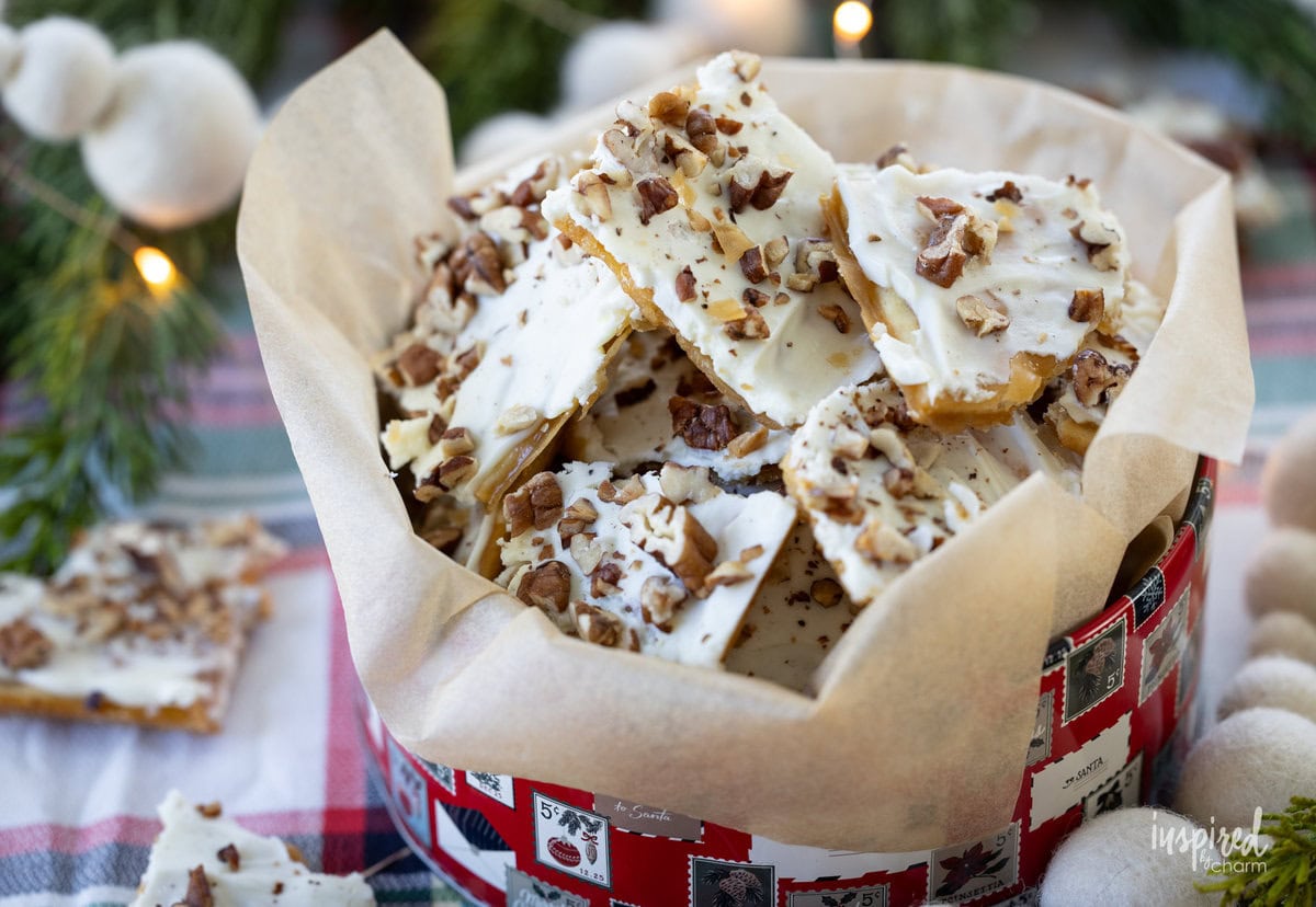 christmas tin filled with Salted White Chocolate Toffee.