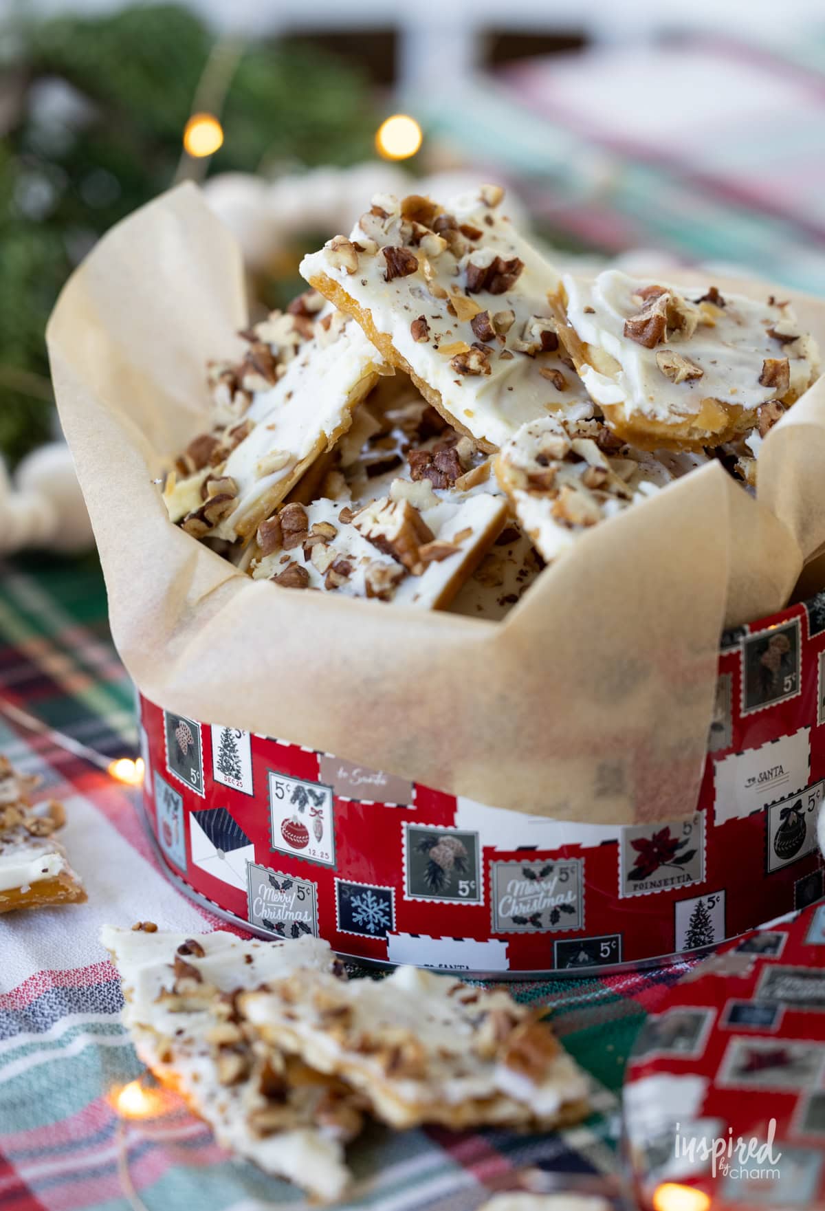 Salted White Chocolate Toffee in a christmas tin.