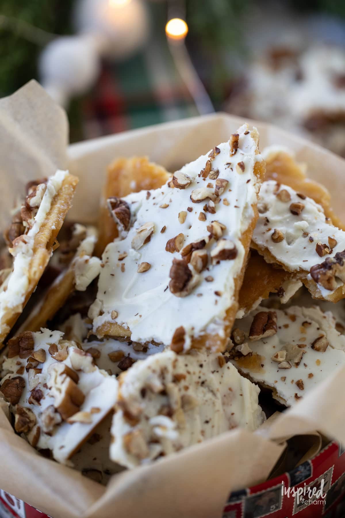 Salted White Chocolate Toffee with pecans on top.