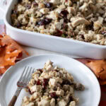 Turkey and Rice Casserole in a baking dish and served on a plate.