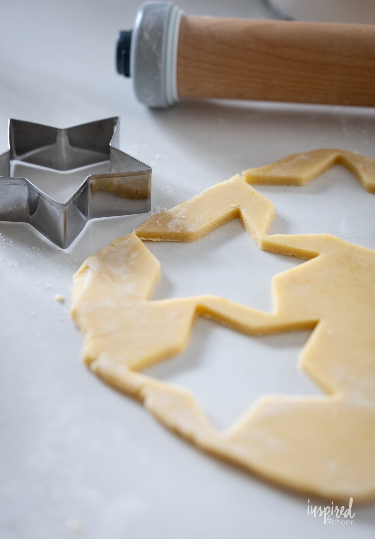 rolled out dough with star shapes cut out.