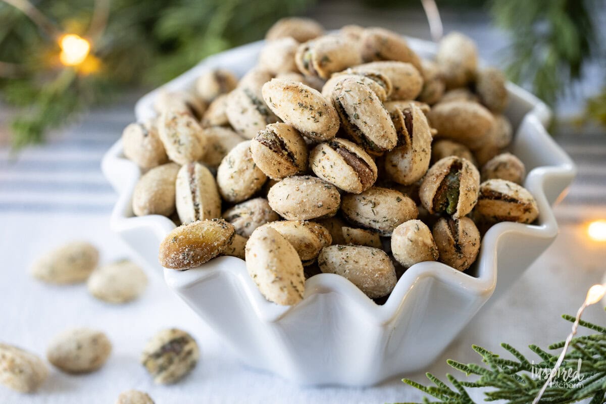 seasoned pistachios in a small bowl.