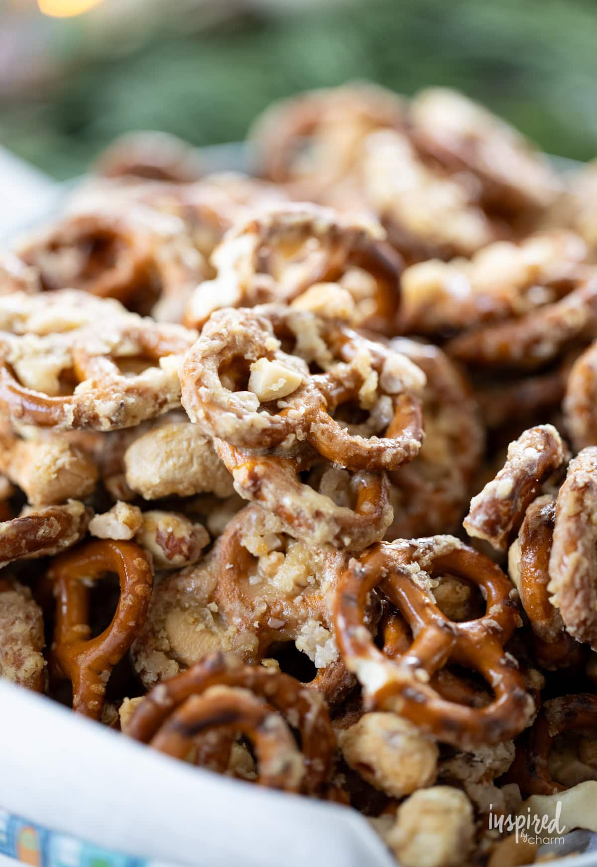 toffee and caramel on pretzels and cashews.