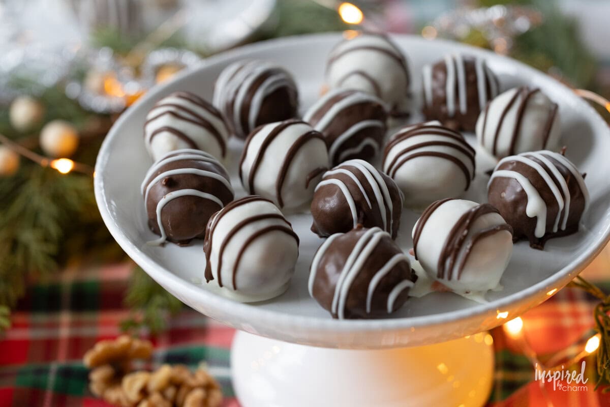 Cherry Coconut Pecan Candies in balls on a. festive display. 