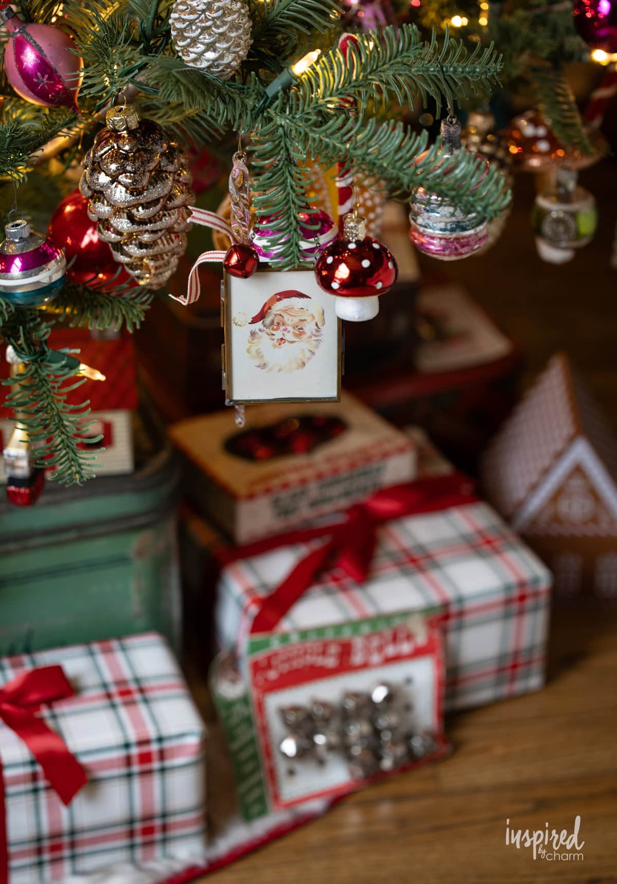 vintage frame santa ornament on a Christmas tree.