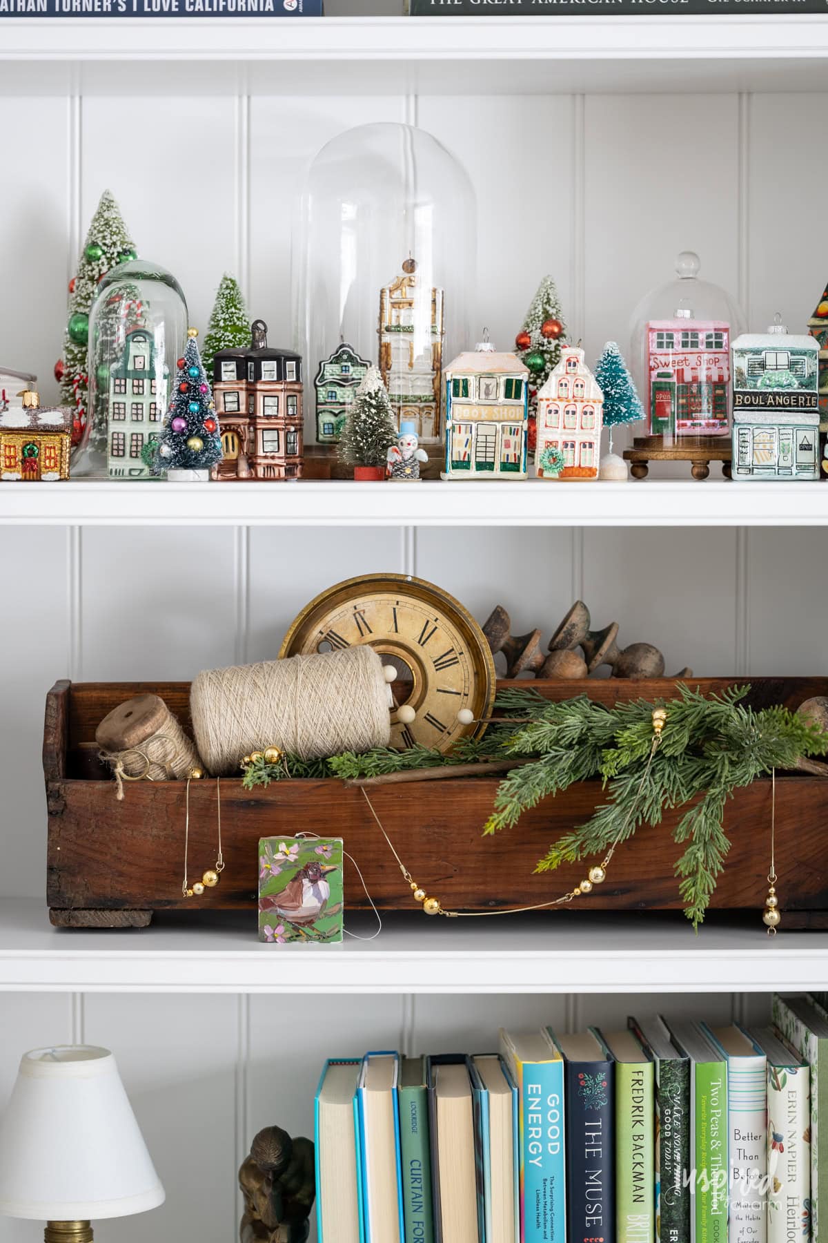 bookshelves with christmas decor. 