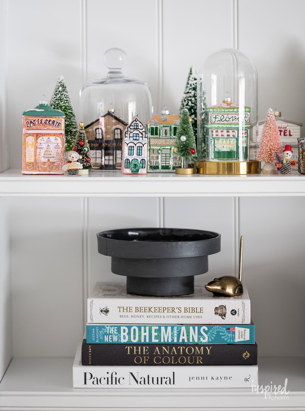 built in bookcase with festive christmas decor. 