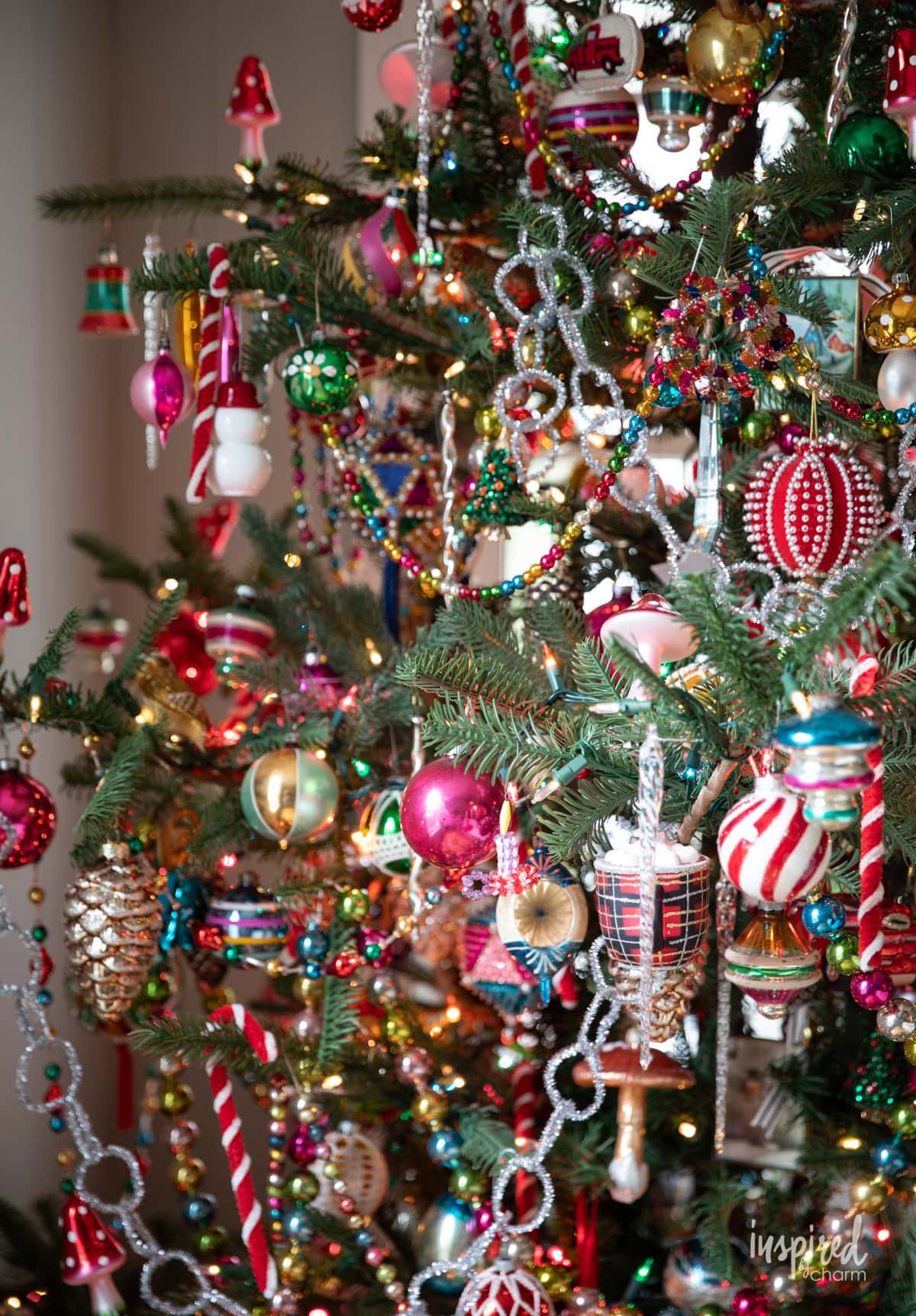 christmas tree with vintage ornaments.