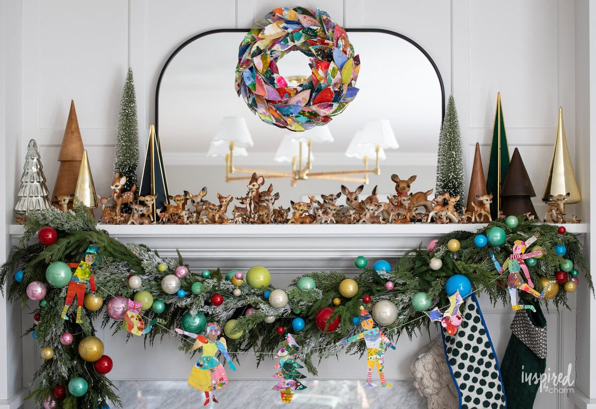 festive mantel for christmas with colorful and handmade decor. 