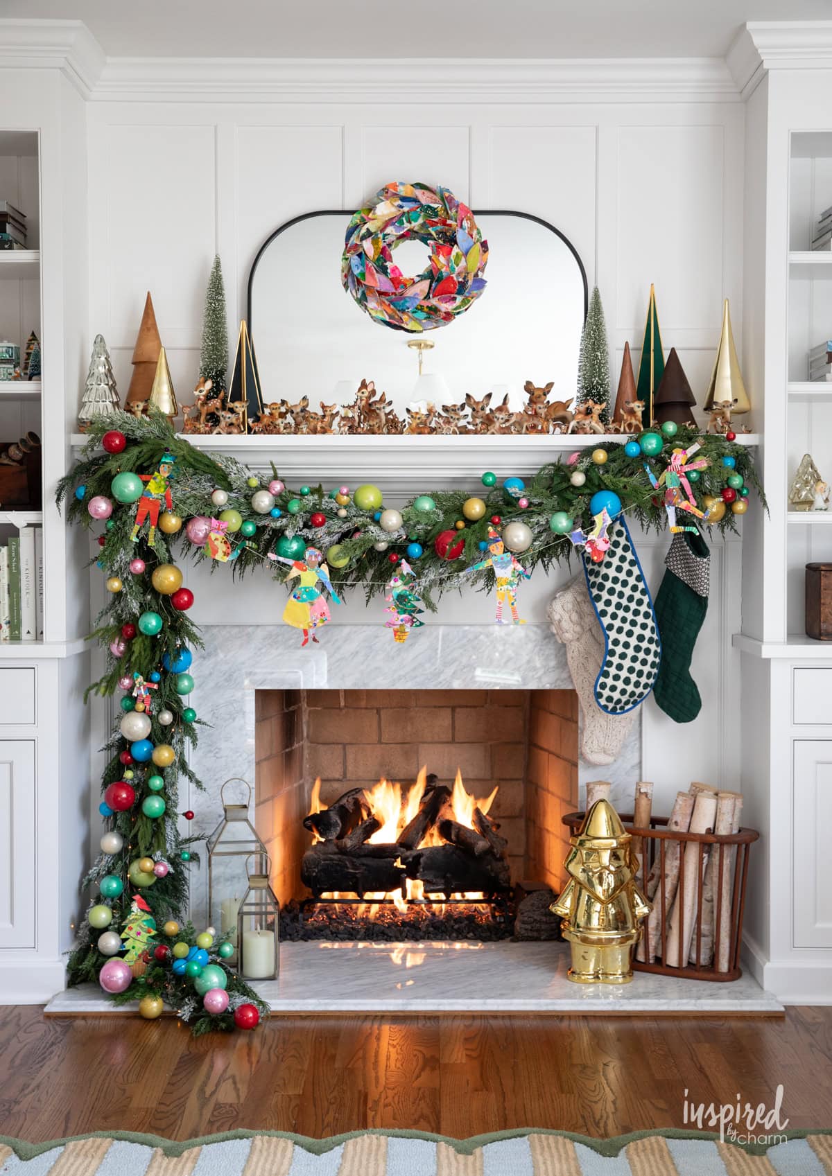 colorful christmas mantel with handmade elements.