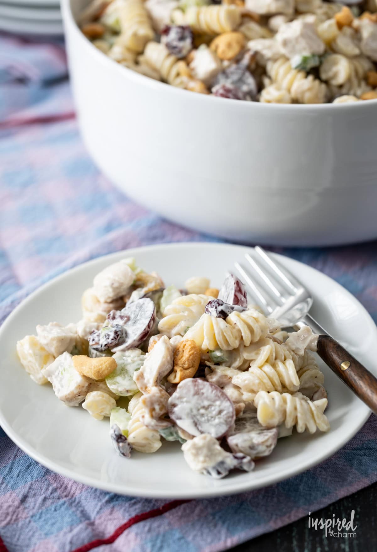 small serving of Chicken and Cashew Pasta Salad on a plate.