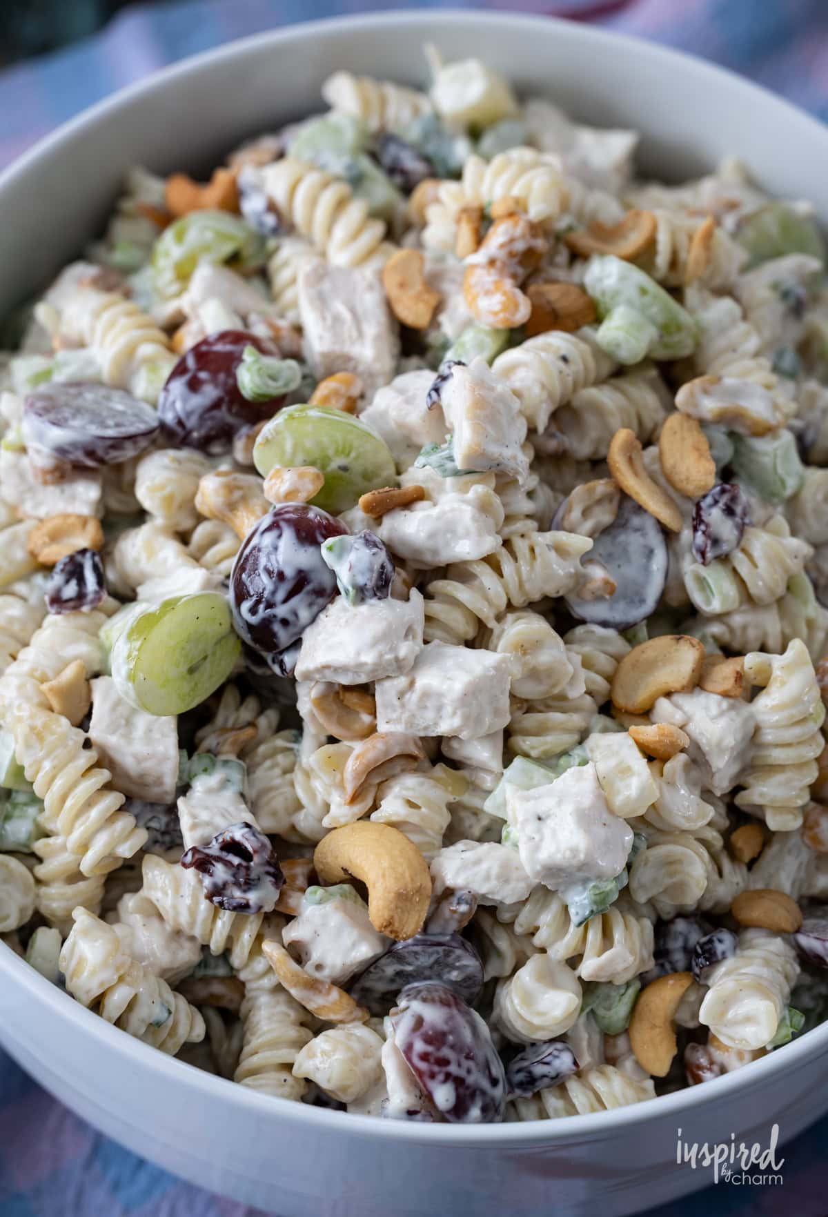 big bowl filled with Chicken and Cashew Pasta Salad.