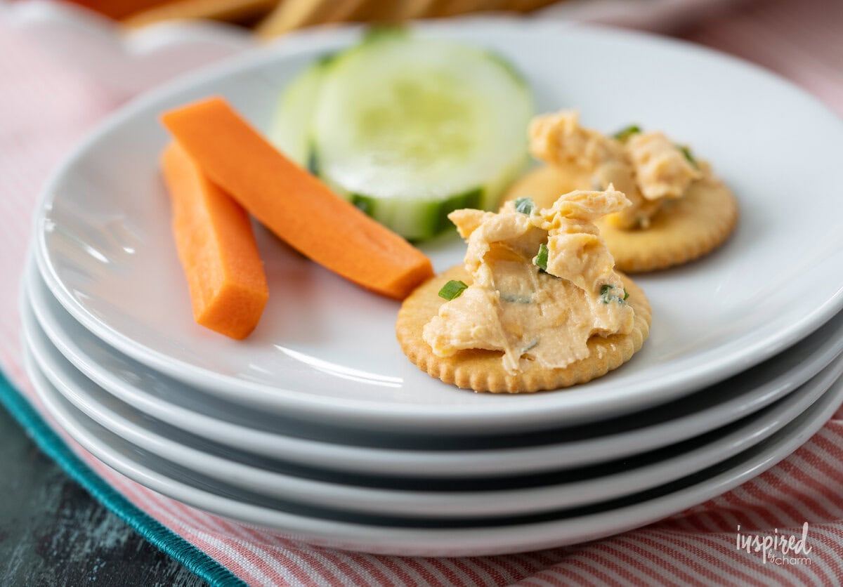 stack of small plates with crackers topped with Pub-Style Cheddar Cheese Dip.