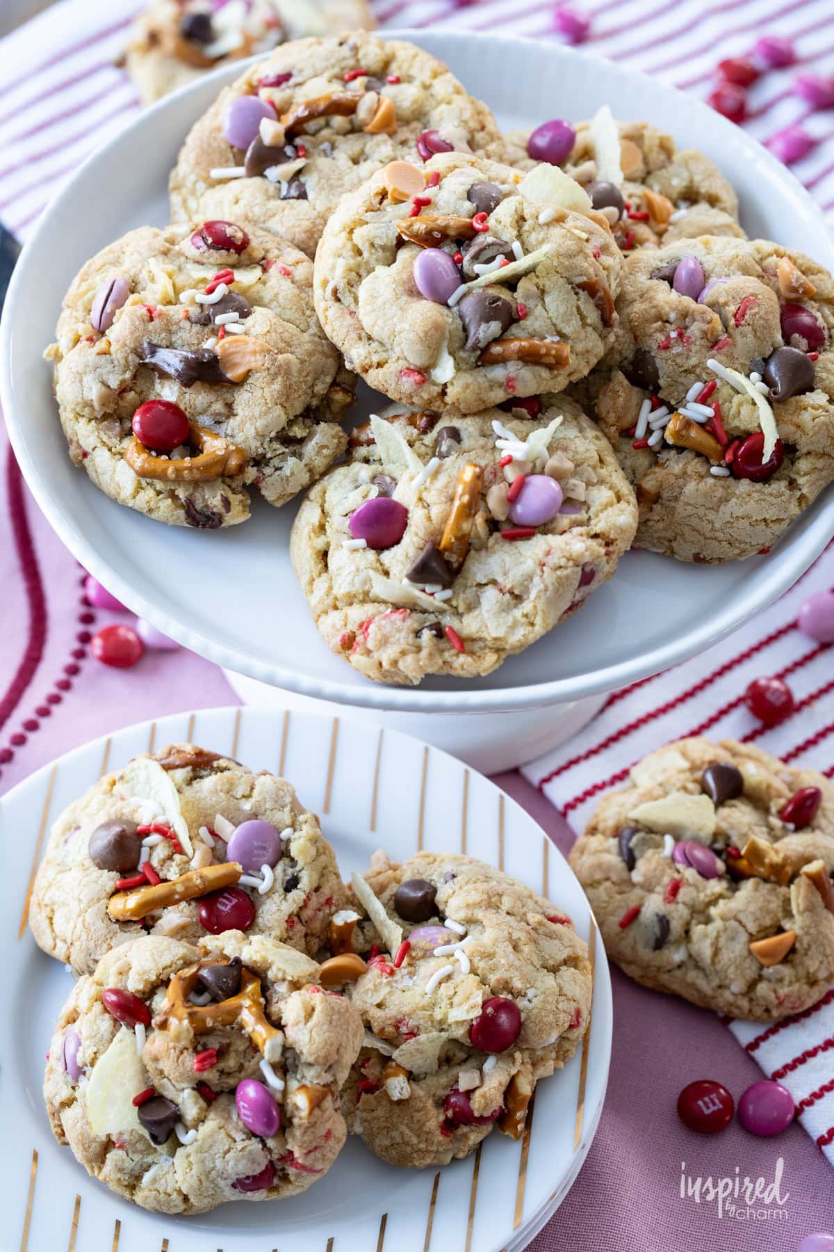 Valentine's Day kitchen sink cookies on serving dishes. 
