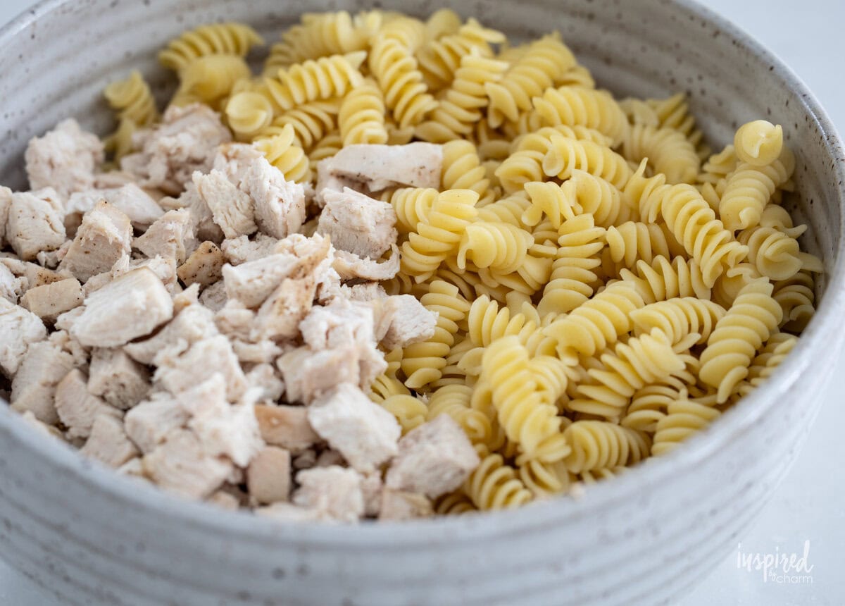 rotini pasta and cubed chicken in a bowl.