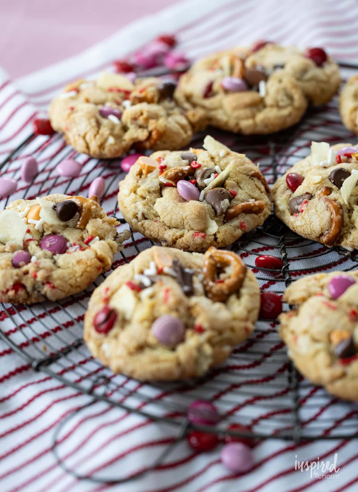 Kitchen Sink Cookies for Valentine’s Day on round bakers rack.