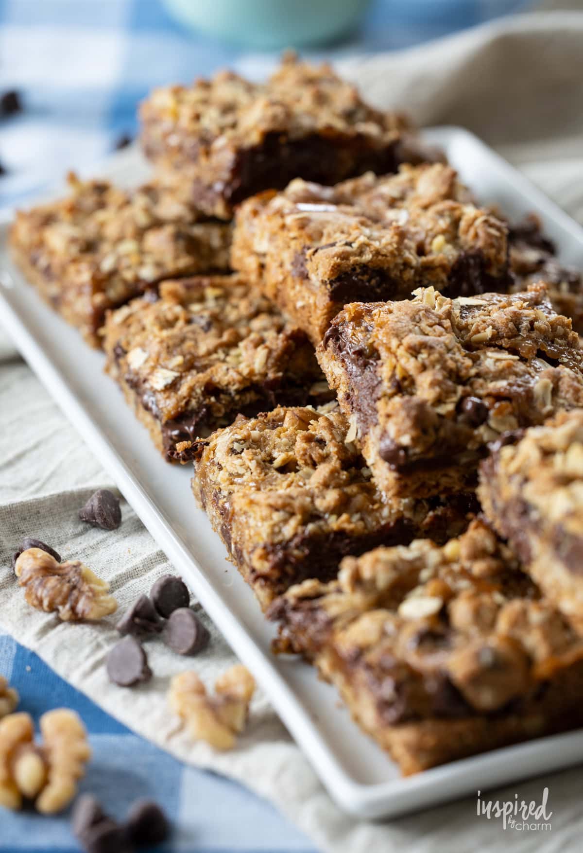 array of Chocolate Chip Caramel Cookie Bars on a plate.