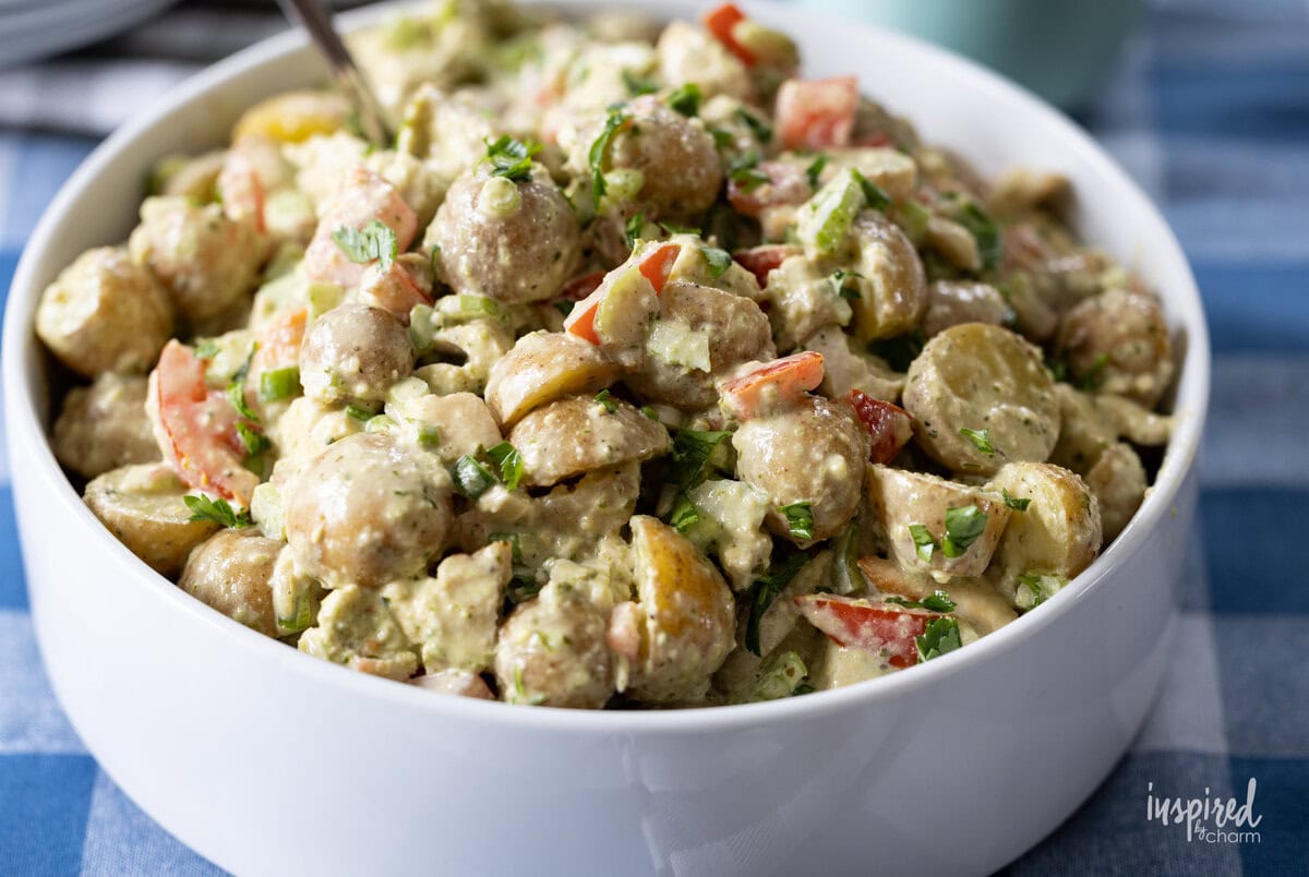 large bowl filled with Pesto Chicken Potato Salad.