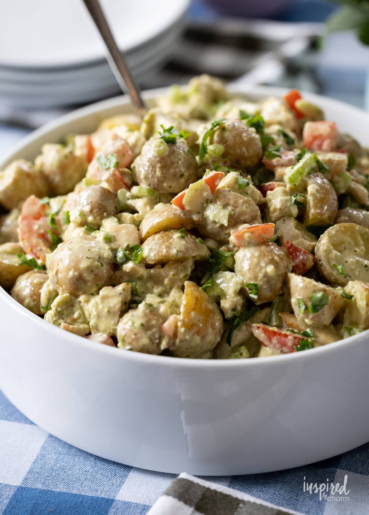 Pesto Chicken Potato Salad in a bowl.