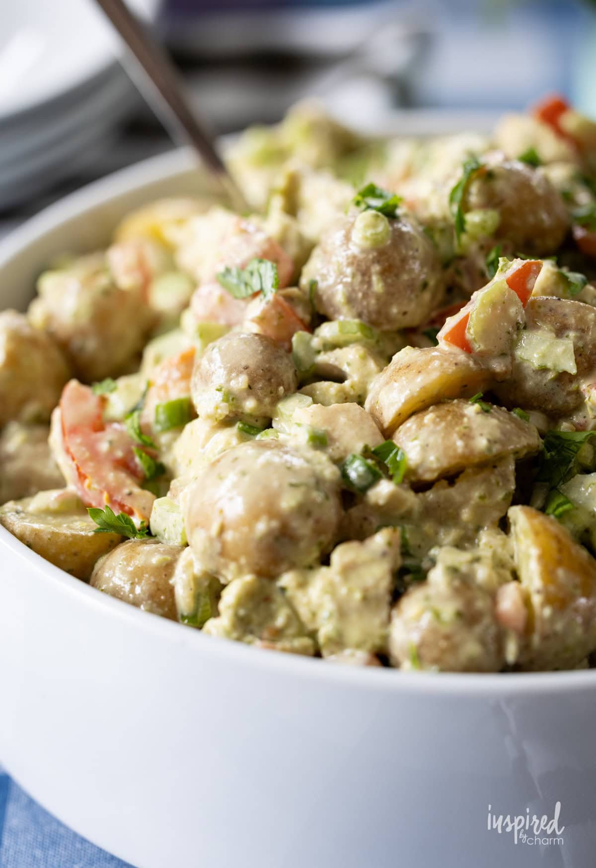 Pesto Chicken Potato Salad served in a bowl.